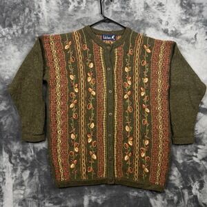 Tulchan Cardigan Sweater Womens M/L Green Floral Embroidered Button Up Knit